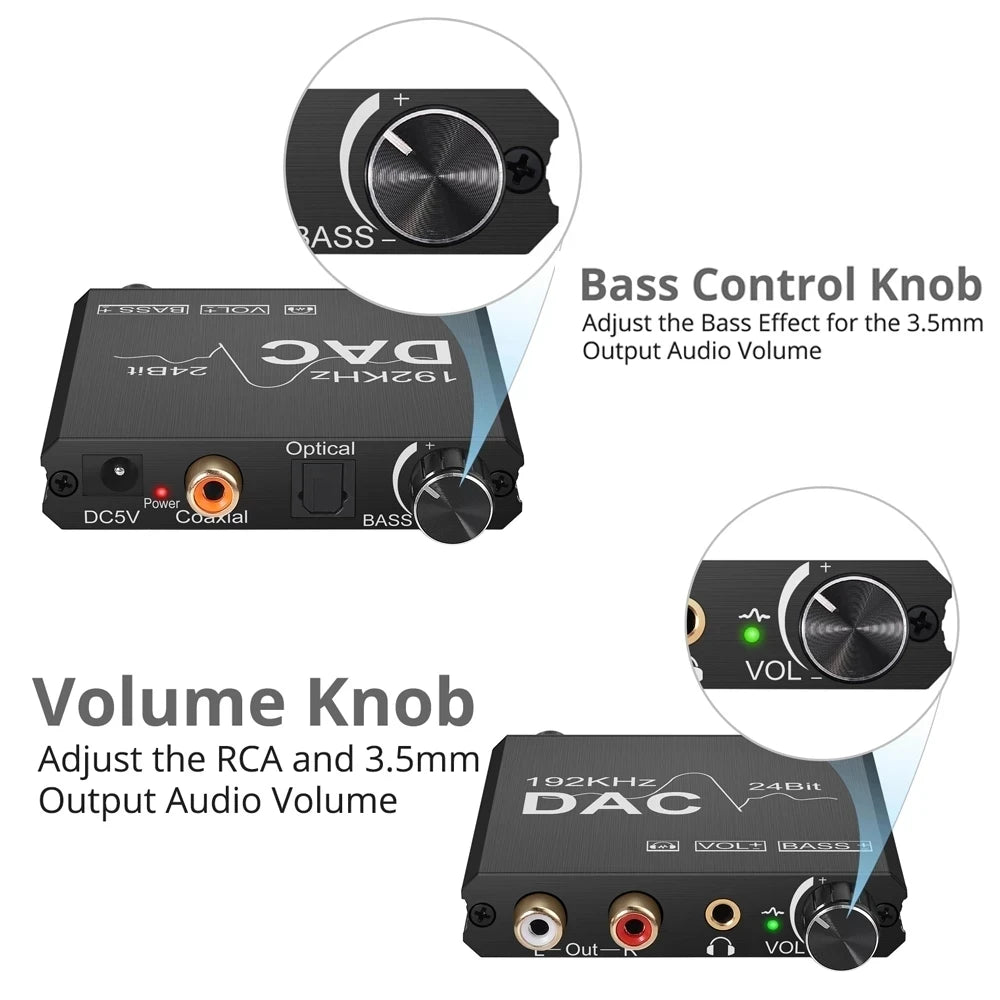 192KHz/24Bit DAC Digital to Analog Audio Converter Digital SPDIF Optical Toslink Coaxial to Analog Stereo L/R RCA and 3.5mm Jack